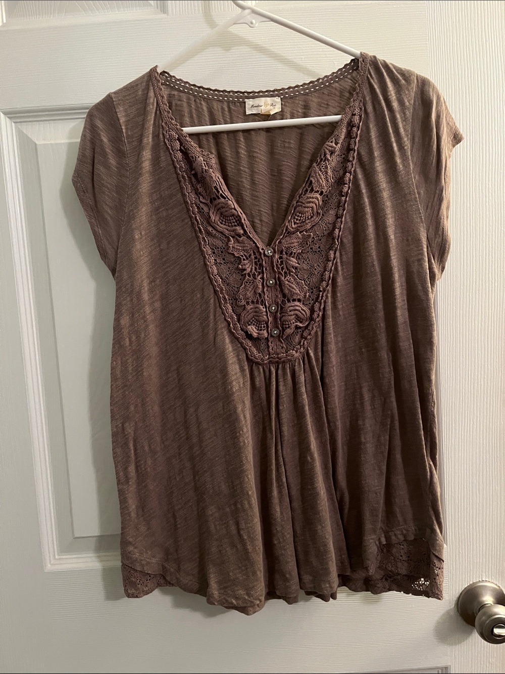 Meadow Rue Brown Crochet-Trim V-Neck Blouse